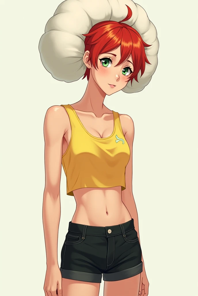 anime boy with sexy boy body, red short hair and green eyes with freckles dressed in a yellow crop top and black shorts and a large white mint

