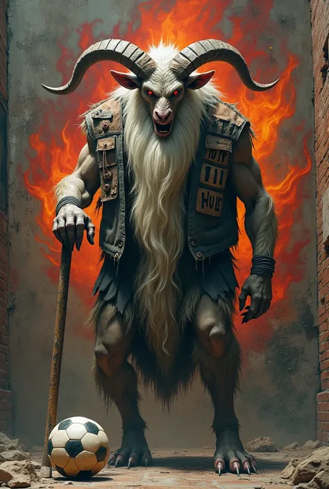 a very old, very vigorous, angry goat demon with a very long white beard wearing a patched vest that says "burn in hell" standing with a cane in his hand and stepping on a soccer ball , Behind him a wall of old bricks , a very bright fire graffiti says bur...