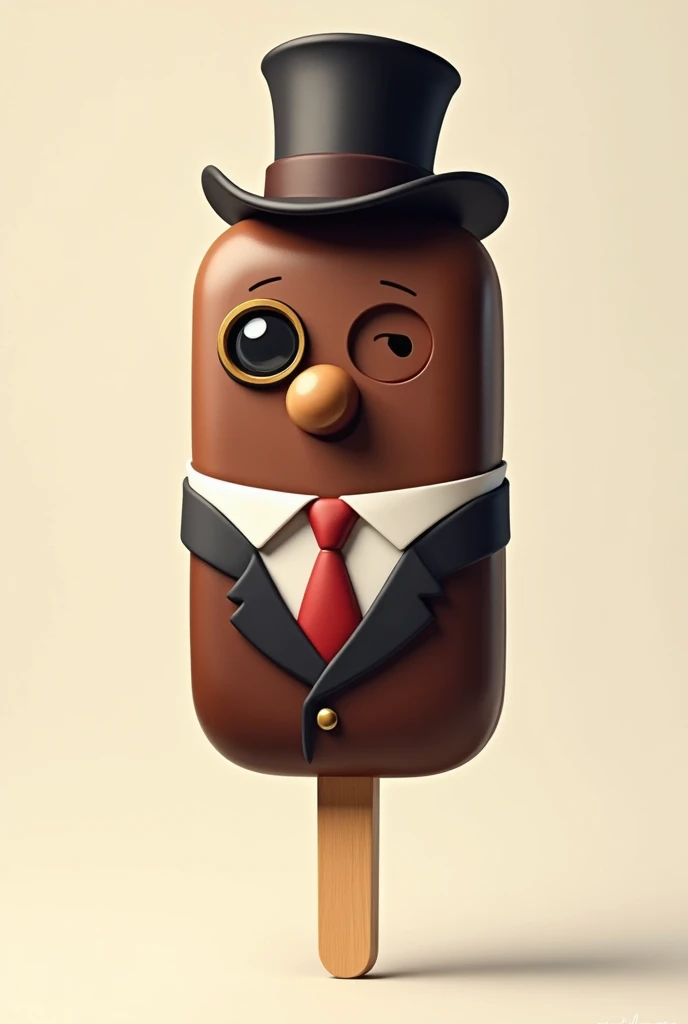 An ice cream on a stick, chocolate, wears a suit, a monocle, a top hat 