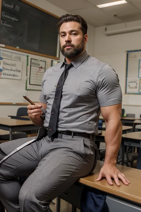 Middle age teacher, suit and tie, sitting on classroom desk, showing his big bulge. Muscle with a little fat. Gray hair and beard.