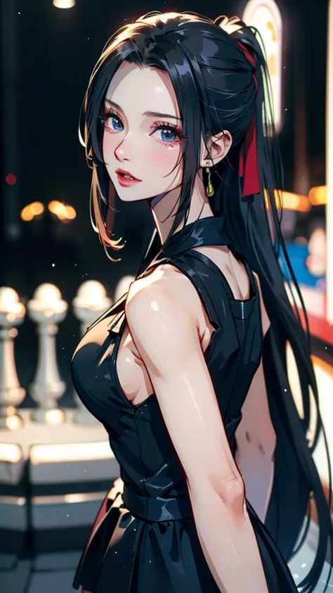 Upper body, close up, anime, anime cg, 1  girl, blackberry hair, long ponytail,solo, looking at viewers, black dress, street view, short skirt, (very detailed background:1.0), (highly detailed background:1.0),