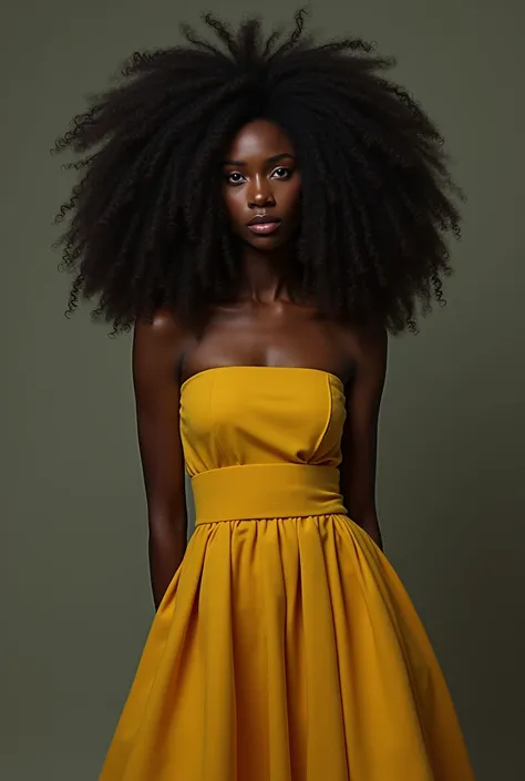 Image of Anaisa Pye from 21 Divisions with black skin and afro hair and long yellow dress