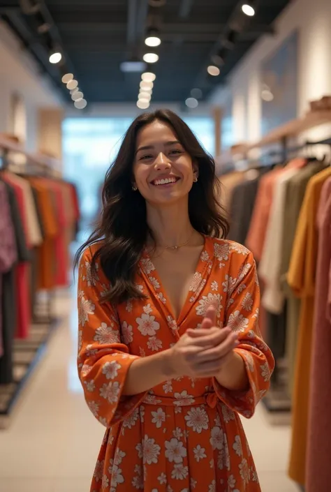 A 30-year-old black-haired girl smiling at her new collection of clothes in a large store 
