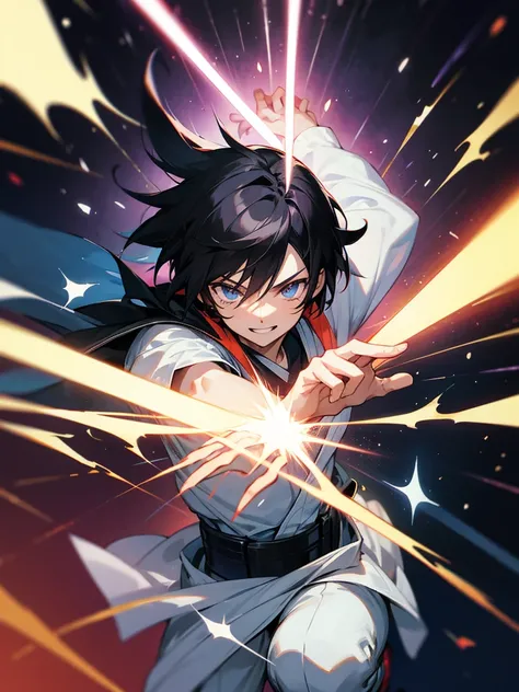 Manga boy character with powers in action Galactic EyeHigh Resolution, black hair, Smile, 