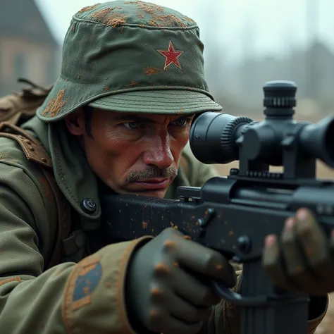 Russian WWII sniper looking through his scope to hunt down a Nazi