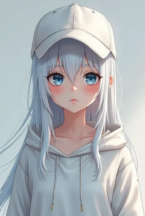 (photorealism:1.2), a girl with white hair and eye colour dark blue with   attitude anime attitude  
15 years not in cap white hoodie