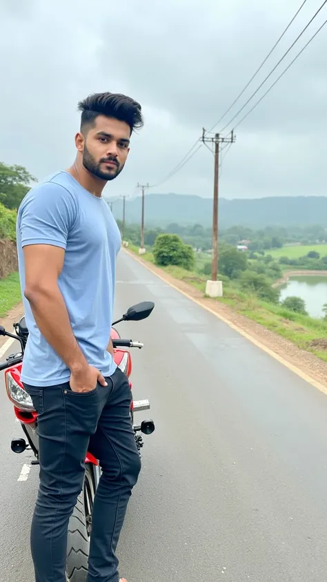 Beautiful pic, handsome boy,nice hair style,black laikra pant,sky blue full teashart ,former shouse,nice body forearms,bike Pulsar NS200,hiway lakes heels mansoon weather background