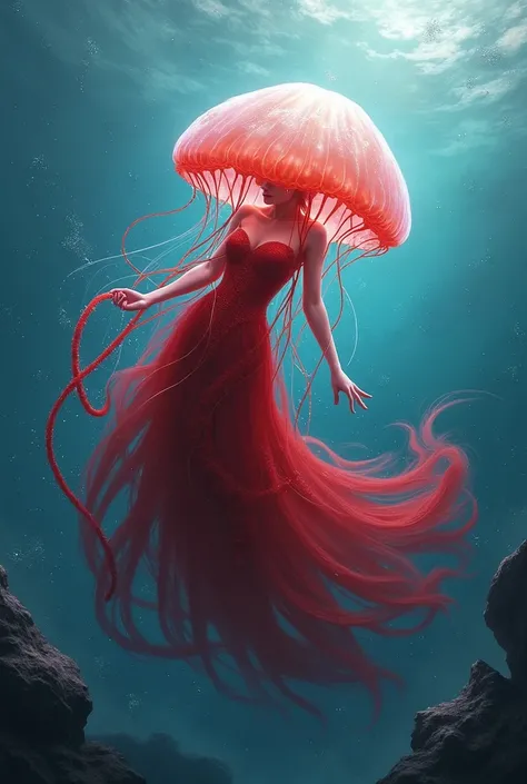 Queen jellyfish Battle-shattered blue skies in a red dress in nature 