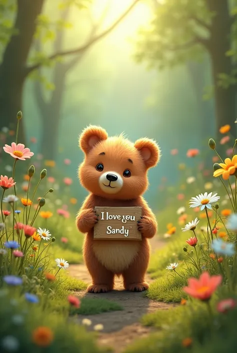 cute little bear ,with forest,realwith many,beautiful flowers,with a sign that says"I love you Sandy"