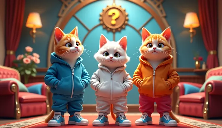 "Three adult anthropomorphic cats，Wear blue, respectively、and white sports pants，Located on a luxuriously decorated cruise ship。Each cat&#39;s outfit is brightly colored，Paired with blue shorts and sneakers。The furniture and decorations of the cruise ship ...