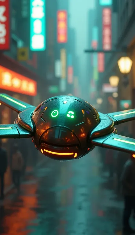 Full-body shot of a floating robot drone with a spherical body and sleek, curved wings. Its face is a simple digital screen displaying various emotions through glowing neon eyes and symbols. The robot hovers in mid-air, surrounded by a futuristic cyberpunk...