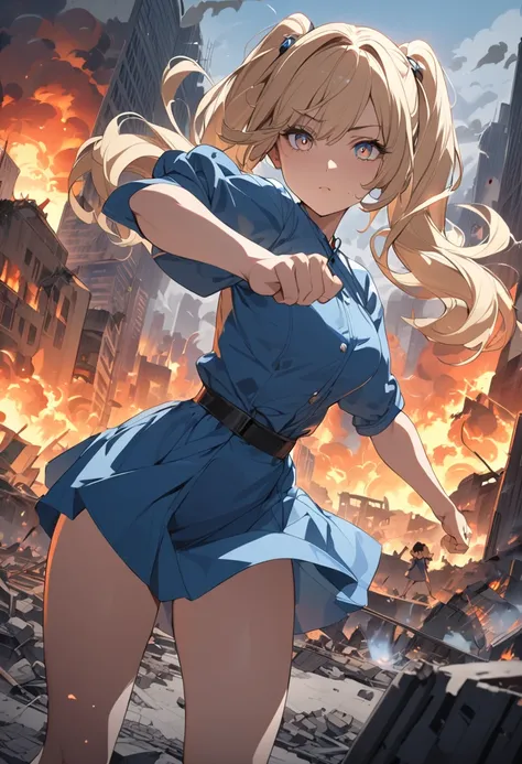 Anime Style, masterpiece, Best Quality, Bubble, Blue Dress, Blonde twin tails, Beautiful face, Highly detailed eyes, Intense gaze, Fighting pose, Destroyed city, A distant fire, Rising Smoke, 