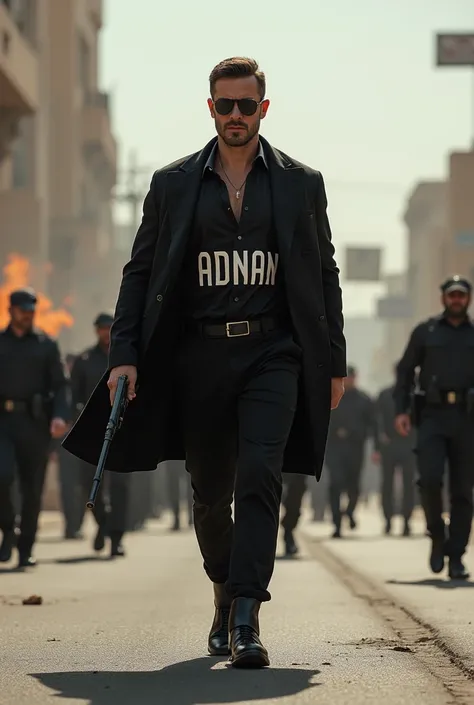 A stylish man strides confidently down the road, clad in a sleek black outfit that catches the eye. The front of his dress features bold lettering that reads "ADNAN," making a statement. In both hands, he holds a gun, firing into the air, the chaos of gunf...