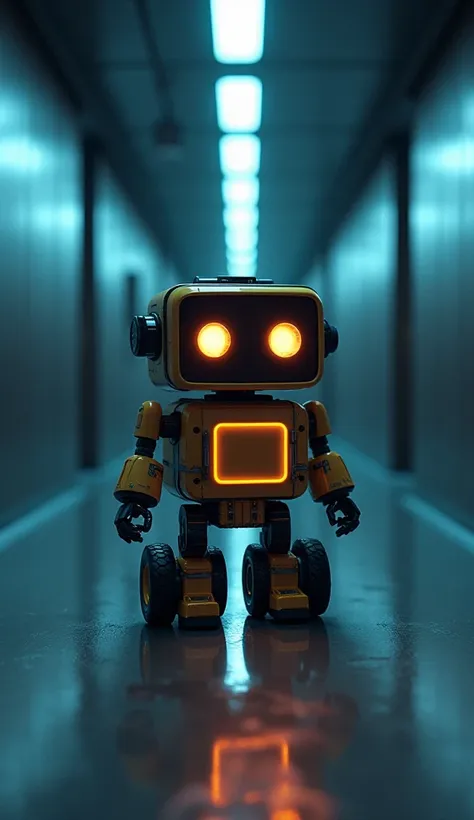 Full-body shot of a tiny robot cleaner with a boxy, compact body. Its face is a simple glowing panel with two large, circular eyes that change color. The robot’s mechanical arms are equipped with cleaning tools, and neon blue and orange lights pulse throug...