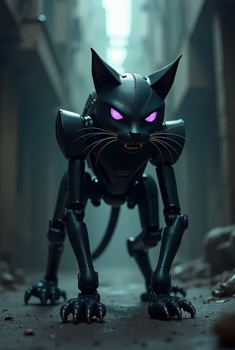 fullmetalbot cartoon universe. a 30cm tall black robot cat in four-legged position.  face of a shy and hostile cat, but antisocial. no lights, skinny and agile. dark environment, and dirty, like in docks or alleys while the cat hides in dark corners. dark ...