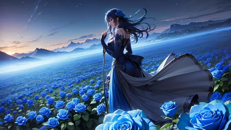 A beautiful detailed blue rose, gorgeous scenery, epic and cinematic, colorful, happy