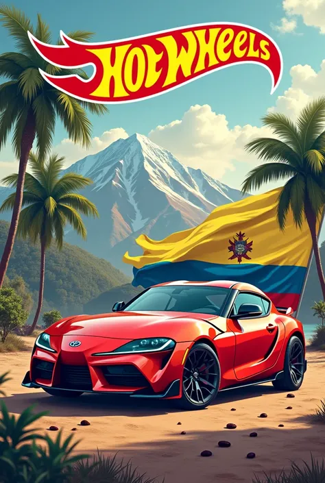 Hotwheels logo with Colombian flag with mountains characteristic of the country and with palms and Colombian coffee and Toyota Supra 2006 HD