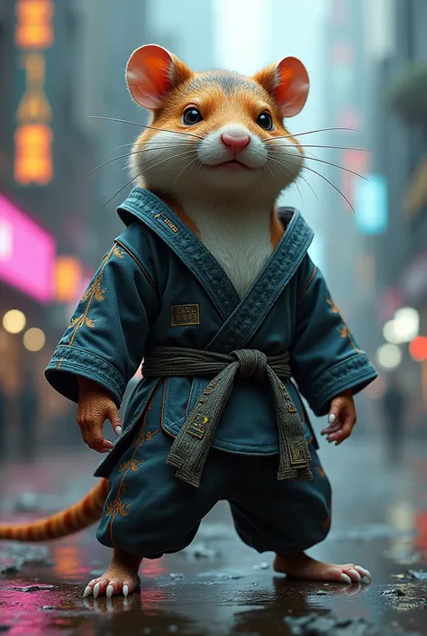 A combination of a hamster and a snake wears a karate cyberpunk outfit 