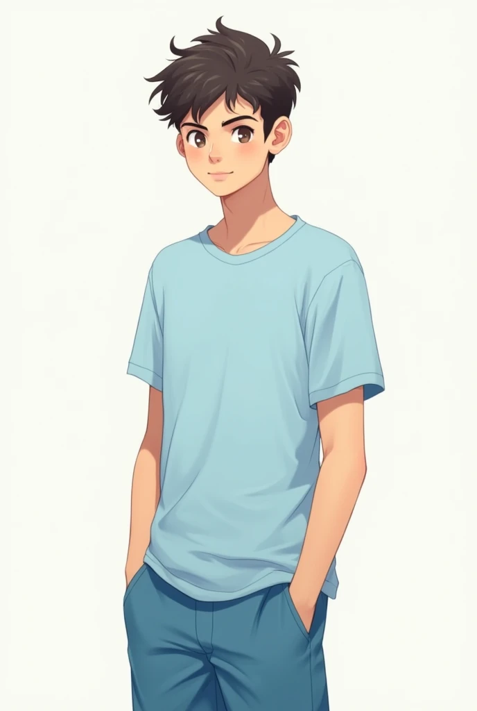 Easy drawing of a high school boy with a light blue shirt and blue pants 