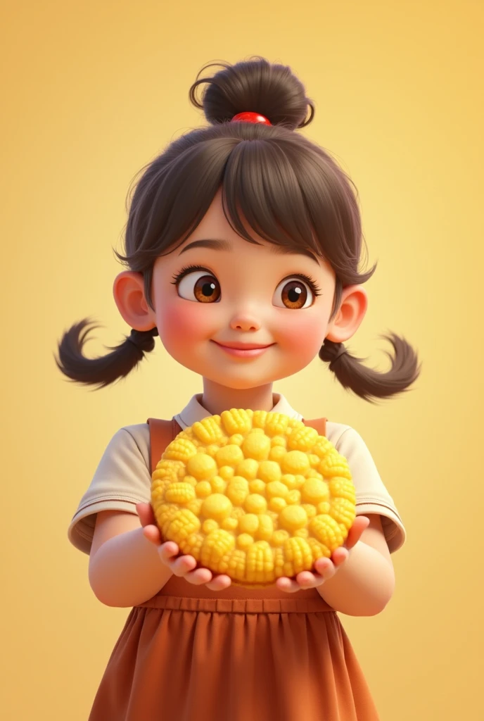 A corn cake held by a girl, but it looks like advertising, and up there say !What a delicious slice of corn!