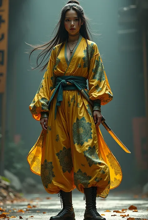 a beautiful female samurai warrior in baggy patiala pants, highly pleated harem pants, soft fabric shiny harem pants, thin pleats on harem pants, yellow green blue prints on harem pants, high boots, long hair, slim figure, looking at viewer, (best quality,...