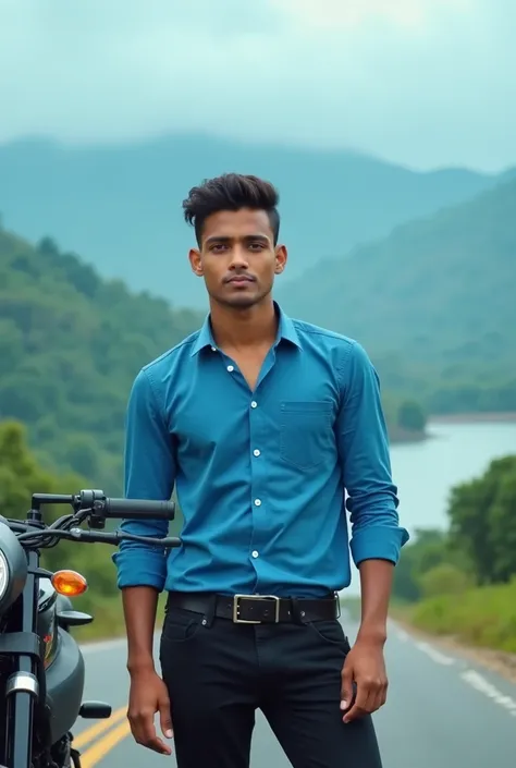 Beautiful pic, handsome boy,nice hair style,black pant,sky blue full shart ,former shouse,nice body forearms,bike Pulsar NS200,hiway lakes heels mansoon weather background,17 year age boy