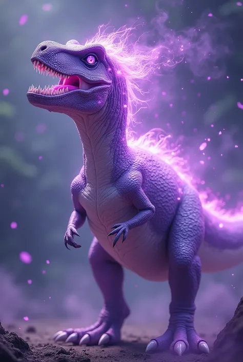 Cute lilac indominus rex dinosaur with purple stones on its body that glows and splits huge fire from its mouth with  purple sparks