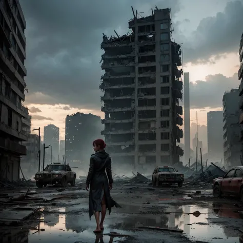 A rebellious woman, Without clothes, stands defiantly in a decrepit urban landscape, amidst the ruins of a war-torn city, with a desolate, rainy backdrop. nude and stands barefoot, with her bold, unapologetic gaze fixed on her own reflection in a broken mi...