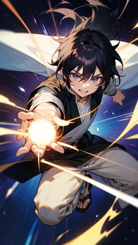 Manga boy character with powers in action Galactic EyeHigh Resolution, black hair, Smile, 