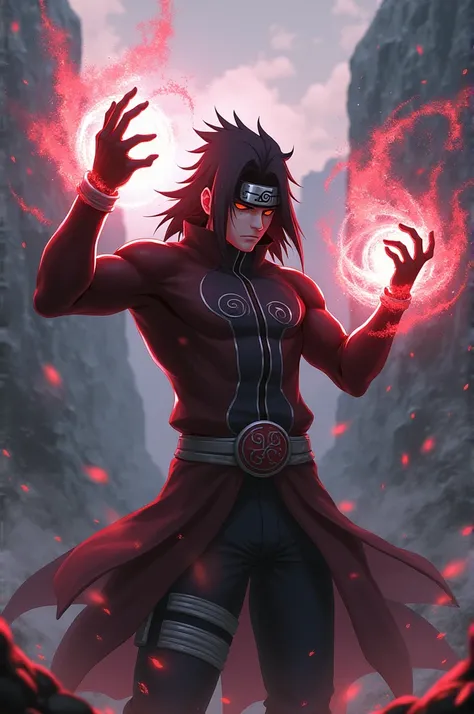 Madara Uchiha joining his hand to activate jutsu with muscular physique 