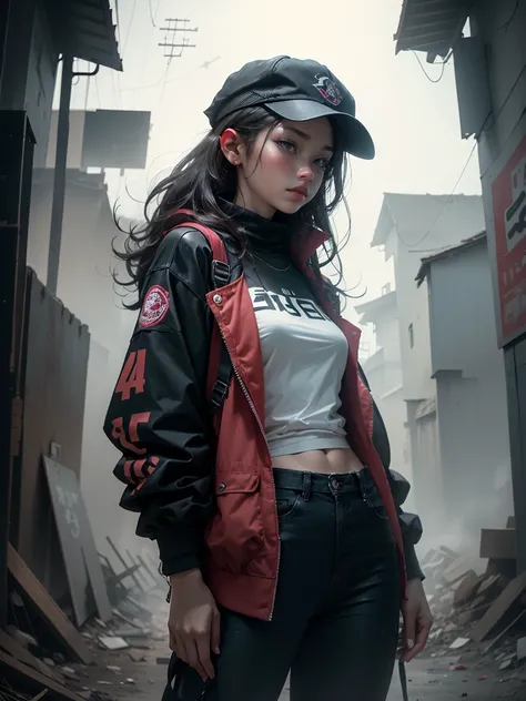 apocalyptic women medium hair, wearing cap, the electric style long clothes