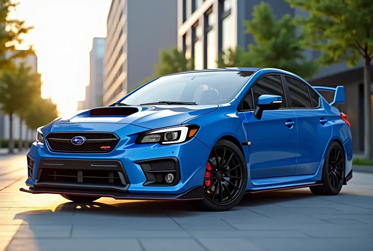 A highly detailed, ultra-realistic photograph of a 2020 Subaru Impreza WRX STI in a vibrant sky-blue color. The car is parked on a clean, modern city street, with sunlight reflecting off its sleek, aerodynamic body. The iconic wide fenders, large rear spoi...