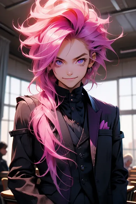 Perfect face. Perfect hands. A pink haired man with violet eyes in a Gothic suit is smiling while standing in the back of a classroom