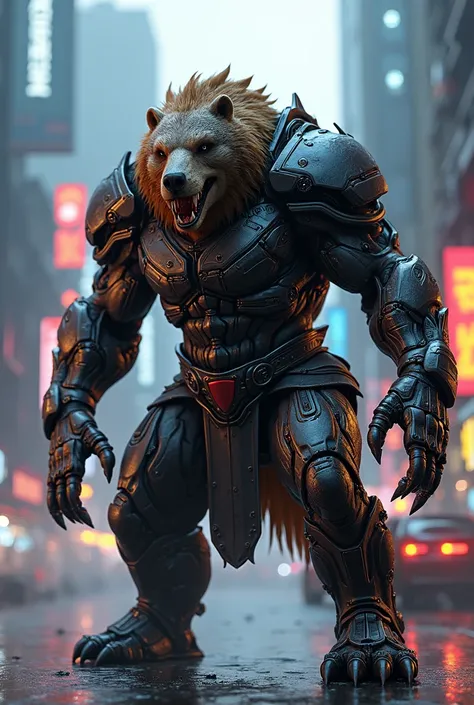 A combination of a veloceraptor and a bear in a karate cyberpunk armor 