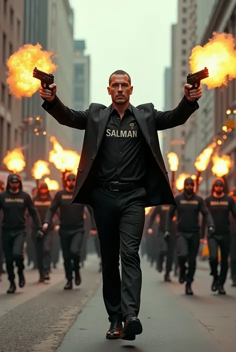 A stylish man strides confidently down the road, clad in a sleek black outfit that catches the eye. The front of his dress features bold lettering that reads "SALMAN," making a statement. In both hands, he holds a gun, firing into the air, the chaos of gun...