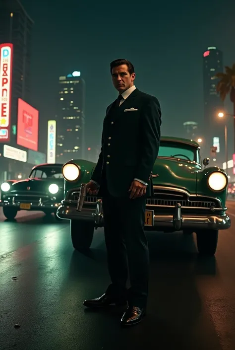 Aesthetic view of 1080×2340 resolution of vintage car+los angeles+ a gangster well suit up with a gun +night view