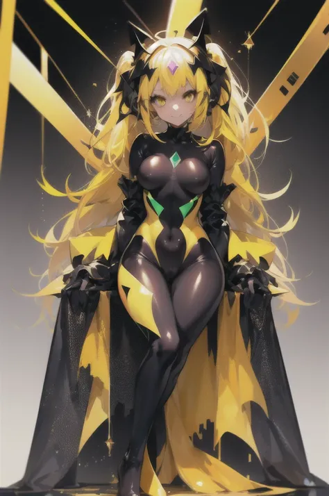 1 girl, bad_end_Light Healer, bad_end_beauty, Yellow hair, Yellow eyes, Ruffled Bodysuit, gem，Full body suit，Smile, 