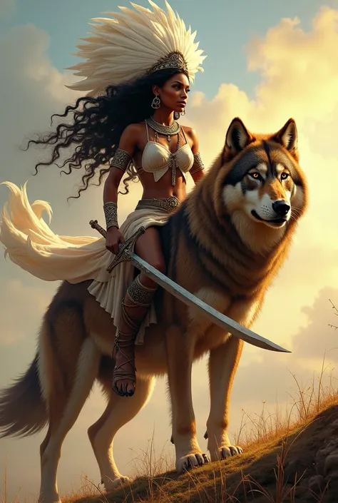 Black woman, with long black curly hair, with white feather headdress, riding on top of a huge brown wolf, with honey eyes, on hill during the day, Holding sword 