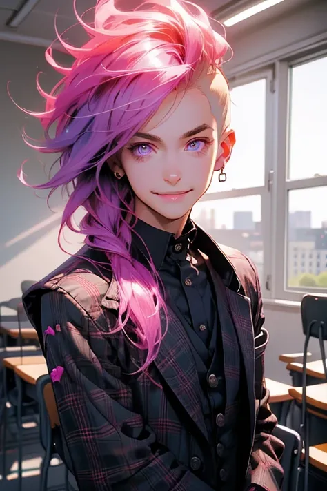 Perfect face. Perfect hands. A pink haired man with violet eyes in a Gothic suit is smiling while standing in the back of a classroom