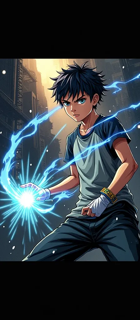 Manga boy with powers with a bracelet 