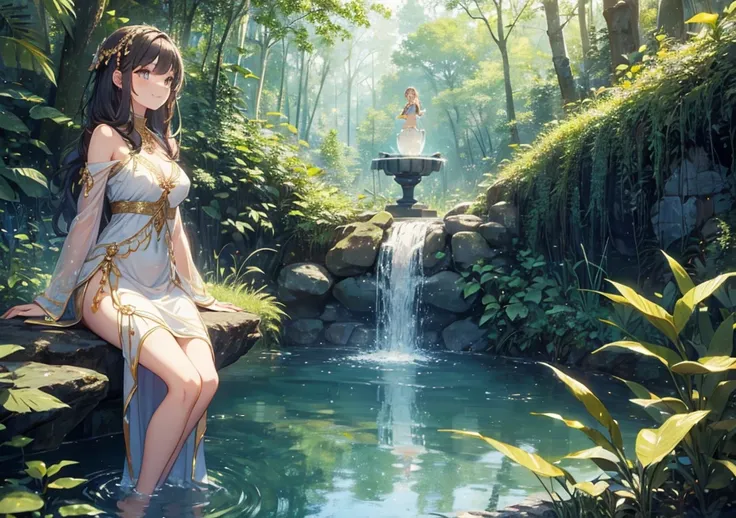 A beautiful girl in the style of a Disney princess is meditating by an old fountain deep in the forest. Her slim legs are wrapped in a long dress, and her gentle smile blends in with nature