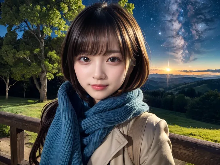 Nene Kasaki々、Shiny brown hair, Short Hair, (Beautiful brown eyes、Shining Eyes, fine grain)、smile、非常にFine grain、Highly detailed face, Fine grain, Night sky above the hills. winter, winter colors, winter landscape, Starry Sky, Sky color Prussian blue Cobalt ...