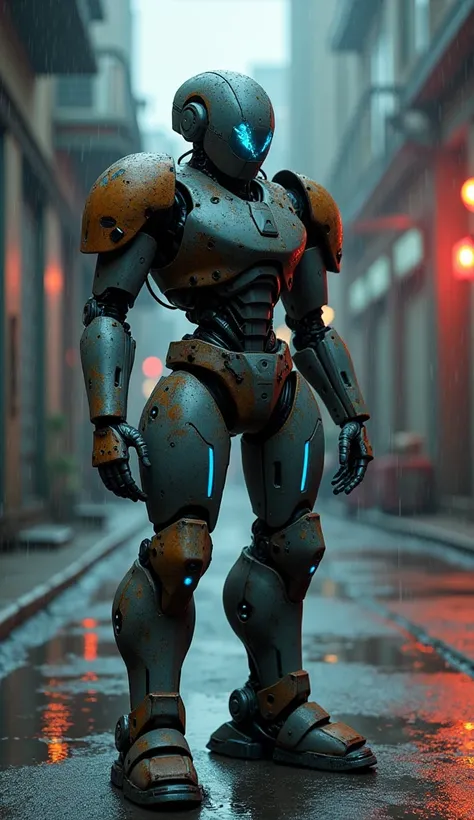 Mid-shot, highly detailed photo of a humanoid robot with grungy, worn-down armor. The robots face is covered by an opaque, cracked visor, with faint blue lights glowing through the fractures. The armor is dark gray with weathered, rusted edges and glowing ...