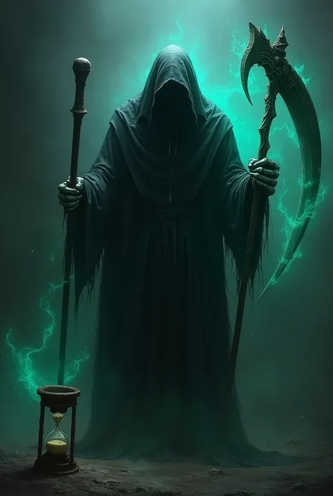  Darkest Grim reaper in a pose of killing and holding long scynth with visual effects of green colour with old style sand clock, utra realistic dark reaper with bearly seen dark Black background with its bone glowing in blue colour 


