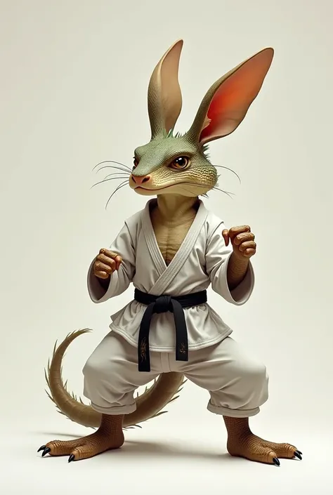 A combination of a lizard and a rabbit in a karate fighting outfit 