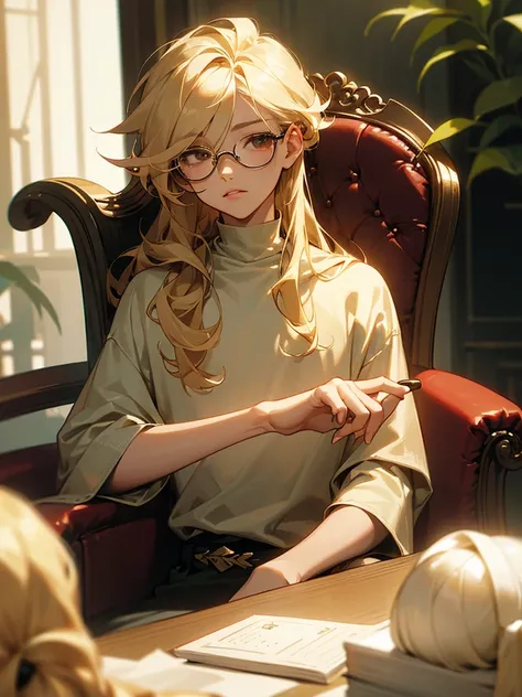 boy, light skin, extremely and fluffy curly long blonde hair, blonde eyelashes, tired brown eyes, soft lips, lip ring, square glasses, in a mal, sitting on a comfy chair, one hand on white round table, holding soda, soft lighting, blurred background, 1boy,...