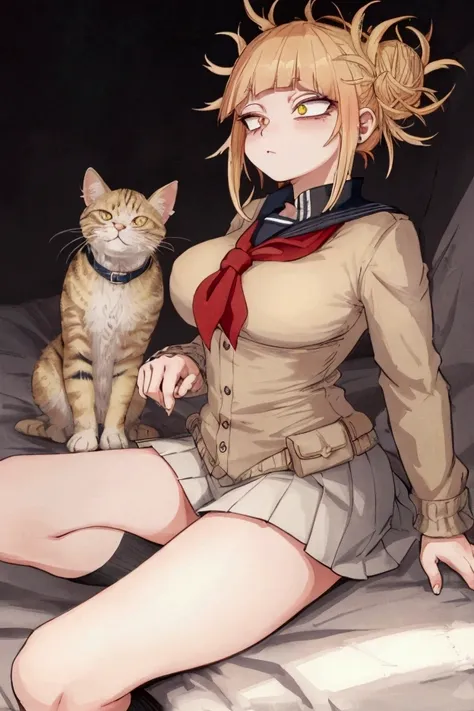 (Himiko toga),(From boku no hero academia),(short blond hair with two messy fleshes in the hair and yellow eyes with cat-like pupils),(Wearing),+,(a traditional white uniform with a short, fitted skirt. The white colour should be uniform and bright. The sk...