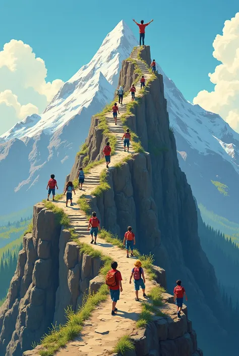 A dynamic cover featuring students of various ages and backgrounds climbing different paths up a mountain, with a teacher at the top, symbolizing individualized learning routes in a differentiated instruction environment.