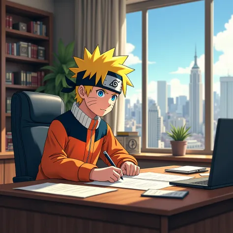 Naruto, working by desk, office room, source anime style.
(best quality, masterpiece, photorealistic), very aesthetic, perfect composition, intricate details, ultra-detailed, vivid colors