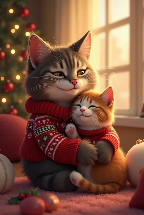 A smiling cat with a christmas sweater and her kitten on her lap